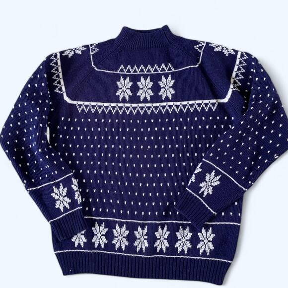 Vintage Cozy Cabincore Fair Isle Knit Snow Flake Granny Chic Sweater XL Navy - Picture 1 of 6